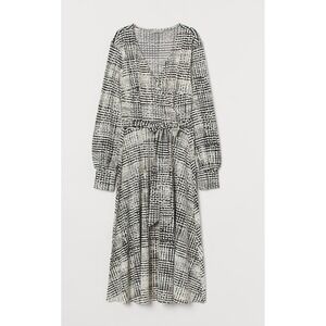 HM Black White Abstract‎ Grid Wrap Midi Dress Long Sleeve XS